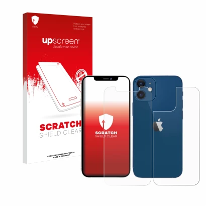 Face avant d’un emballage produit avec le logo de la marque upscreen. À côté, l’appareil Apple iPhone 12 (Avant+Arrière) est r