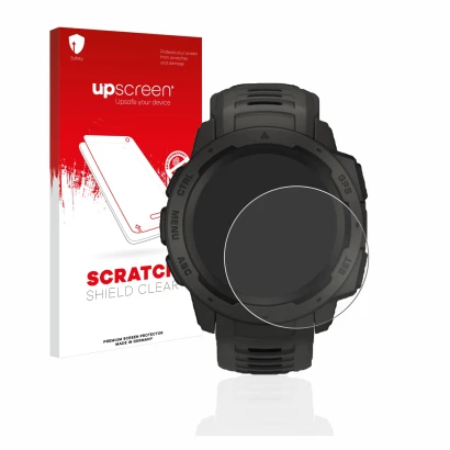 Face avant d’un emballage produit avec le logo de la marque upscreen. À côté, l’appareil Garmin Instinct Solar est représenté 