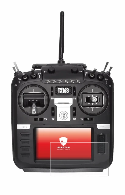 Image de l'appareil Radiomaster TX16S avec une grande variété de protections d'écran.