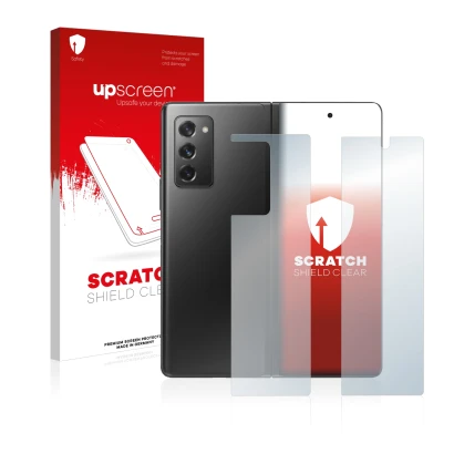 Face avant d’un emballage produit avec le logo de la marque upscreen. À côté, l’appareil Samsung Galaxy Z Fold 2 5G (Avant+Arr