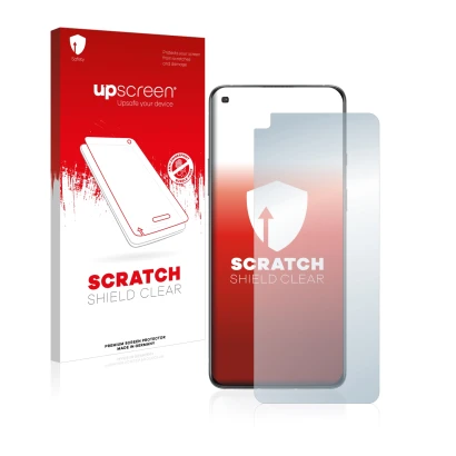 Face avant d’un emballage produit avec le logo de la marque upscreen. À côté, l’appareil OnePlus 8T est représenté avec la pro