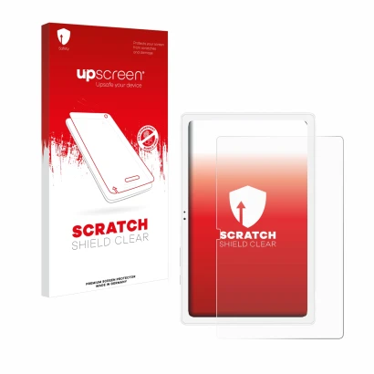 Face avant d’un emballage produit avec le logo de la marque upscreen. À côté, l’appareil Samsung Galaxy Tab A7 10.4 WiFi 2020 
