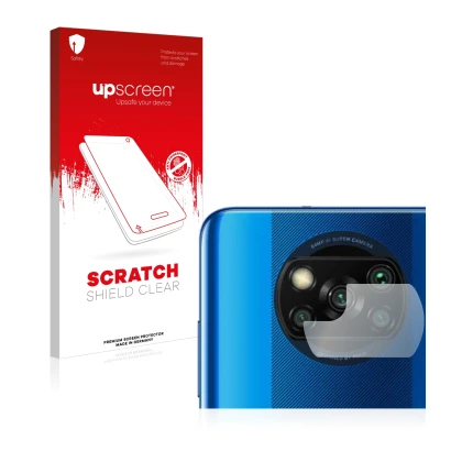 Face avant d’un emballage produit avec le logo de la marque upscreen. À côté, l’appareil Xiaomi Poco X3 NFC (Caméra UNIQUEMENT