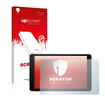 Face avant d’un emballage produit avec le logo de la marque upscreen. À côté, l’appareil MEDION Lifetab E10420 est représenté