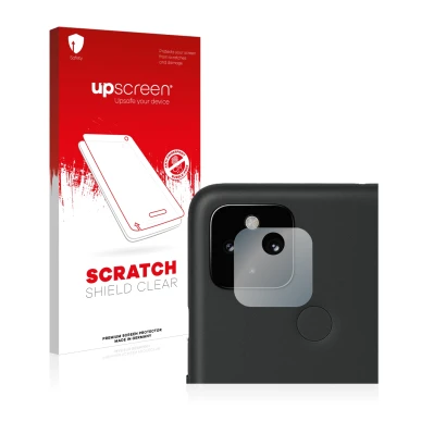 Face avant d’un emballage produit avec le logo de la marque upscreen. À côté, l’appareil Google Pixel 4a 5G (Caméra UNIQUEMENT