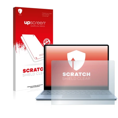 Face avant d’un emballage produit avec le logo de la marque upscreen. À côté, l’appareil Microsoft Surface Laptop Go est repré
