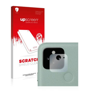 Face avant d’un emballage produit avec le logo de la marque upscreen. À côté, l’appareil Google Pixel 5 (Caméra UNIQUEMENT) es