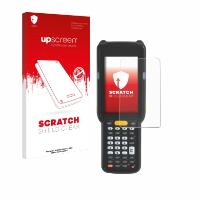 Face avant d’un emballage produit avec le logo de la marque upscreen. À côté, l’appareil Zebra MC330L est représenté avec la p