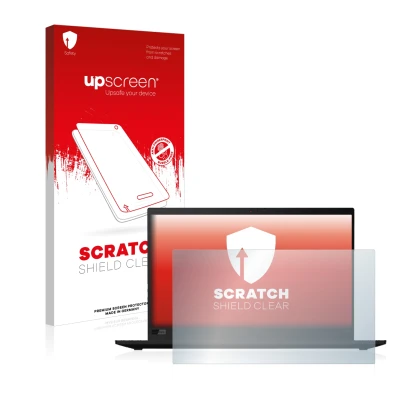 Face avant d’un emballage produit avec le logo de la marque upscreen. À côté, l’appareil Lenovo ThinkPad X1 Carbon (8ème Gen.)