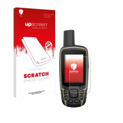 Face avant d’un emballage produit avec le logo de la marque upscreen. À côté, l’appareil Garmin GPSMAP 65s est représenté avec