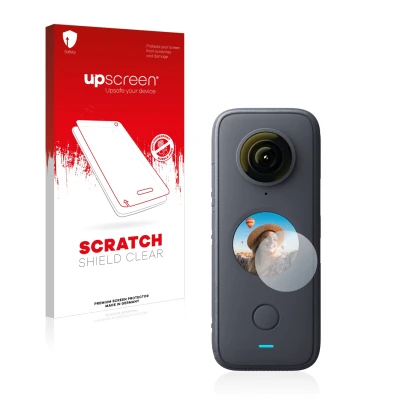 Face avant d’un emballage produit avec le logo de la marque upscreen. À côté, l’appareil Insta360 One X2 est représenté avec l