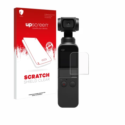 Face avant d’un emballage produit avec le logo de la marque upscreen. À côté, l’appareil DJI Osmo Pocket 2 est représenté avec