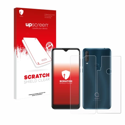 Face avant d’un emballage produit avec le logo de la marque upscreen. À côté, l’appareil Alcatel 1S 2020 (Avant+Arrière) est r