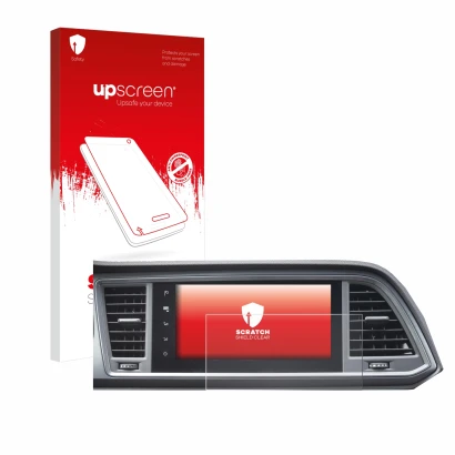 Face avant d’un emballage produit avec le logo de la marque upscreen. À côté, l’appareil Seat Cupra Ateca Facelift 2021 MiB 3