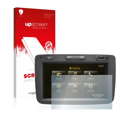 Face avant d’un emballage produit avec le logo de la marque upscreen. À côté, l’appareil Dacia Duster 2 2019 Infotainment Syst