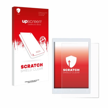 Face avant d’un emballage produit avec le logo de la marque upscreen. À côté, l’appareil reMarkable 2 est représenté avec la p