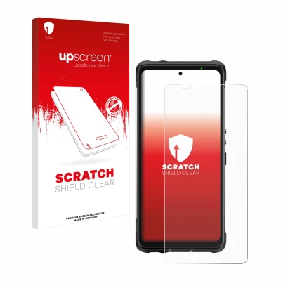 Face avant d’un emballage produit avec le logo de la marque upscreen. À côté, l’appareil Ulefone Armor 10 5G est représenté av