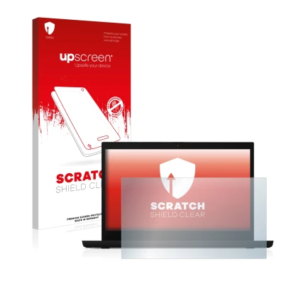 Face avant d’un emballage produit avec le logo de la marque upscreen. À côté, l’appareil Lenovo ThinkPad L15 est représenté av