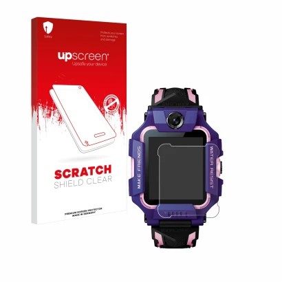 Face avant d’un emballage produit avec le logo de la marque upscreen. À côté, l’appareil Imoo Watch Phone Z6 est représenté av