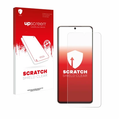 Face avant d’un emballage produit avec le logo de la marque upscreen. À côté, l’appareil Samsung Galaxy S21 Plus 5G est représ