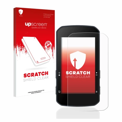 Face avant d’un emballage produit avec le logo de la marque upscreen. À côté, l’appareil Bryton Rider 750 est représenté avec