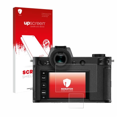 Face avant d’un emballage produit avec le logo de la marque upscreen. À côté, l’appareil Leica SL2-S est représenté avec la pr