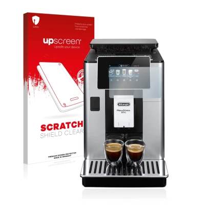 Face avant d’un emballage produit avec le logo de la marque upscreen. À côté, l’appareil DeLonghi PrimaDonna Soul ECAM610.55.S