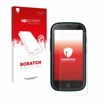 Face avant d’un emballage produit avec le logo de la marque upscreen. À côté, l’appareil Unihertz Jelly 2 est représenté avec