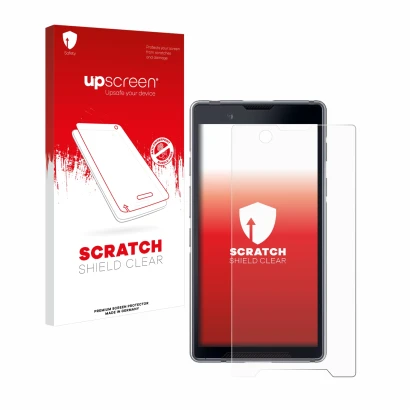 Face avant d’un emballage produit avec le logo de la marque upscreen. À côté, l’appareil Bittium Tough Mobile 2 est représenté