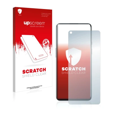 Face avant d’un emballage produit avec le logo de la marque upscreen. À côté, l’appareil OnePlus 9 est représenté avec la prot