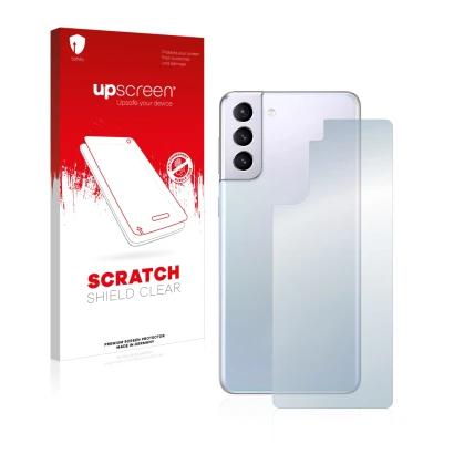 Face avant d’un emballage produit avec le logo de la marque upscreen. À côté, l’appareil Samsung Galaxy S21 5G (Arrière) est r