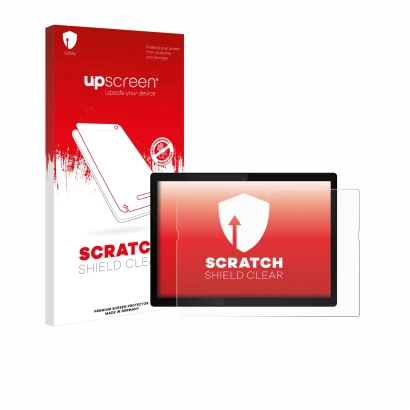 Face avant d’un emballage produit avec le logo de la marque upscreen. À côté, l’appareil Lenovo ThinkPad X12 Detachable Gen 1