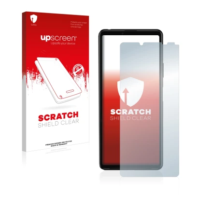 Face avant d’un emballage produit avec le logo de la marque upscreen. À côté, l’appareil Sony Xperia 10 III est représenté ave
