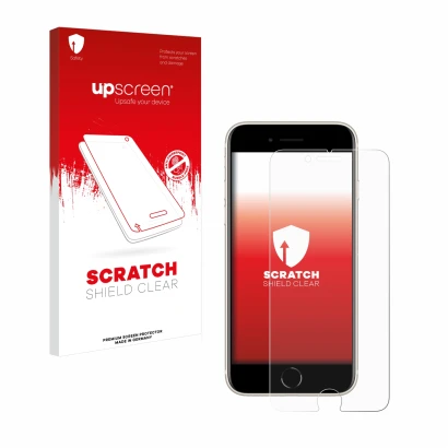 Face avant d’un emballage produit avec le logo de la marque upscreen. À côté, l’appareil Apple iPhone SE 3 2022 est représenté