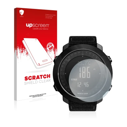 Face avant d’un emballage produit avec le logo de la marque upscreen. À côté, l’appareil North Edge Apache est représenté avec