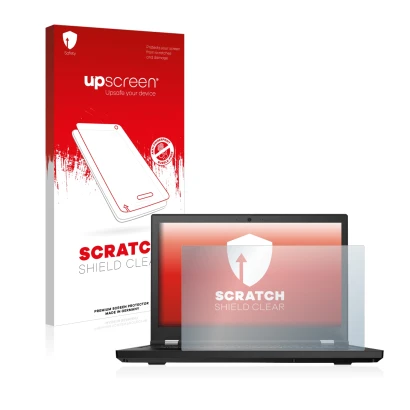 Face avant d’un emballage produit avec le logo de la marque upscreen. À côté, l’appareil Lenovo ThinkPad P15 est représenté av