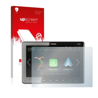 Face avant d’un emballage produit avec le logo de la marque upscreen. À côté, l’appareil Zenec Z-N965 est représenté avec la p