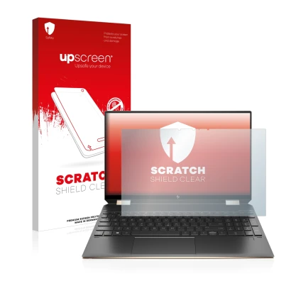 Face avant d’un emballage produit avec le logo de la marque upscreen. À côté, l’appareil HP Spectre x360 (15-eb) (359.9 mm x 2