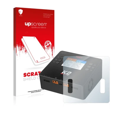 Face avant d’un emballage produit avec le logo de la marque upscreen. À côté, l’appareil ISDT Smart Duo Charger K2 est représe