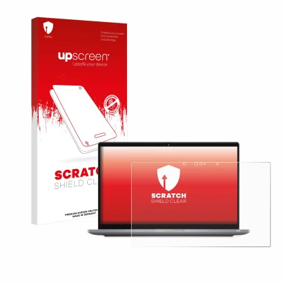 Face avant d’un emballage produit avec le logo de la marque upscreen. À côté, l’appareil Dell Latitude 7420 2-in-1 Touch est r