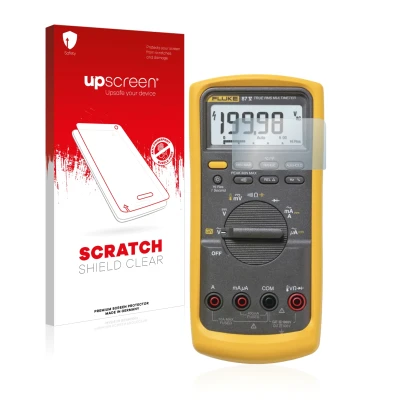 Face avant d’un emballage produit avec le logo de la marque upscreen. À côté, l’appareil Fluke 87v est représenté avec la prot