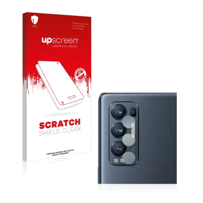 Face avant d’un emballage produit avec le logo de la marque upscreen. À côté, l’appareil Oppo Find X3 Neo (Caméra UNIQUEMENT) 