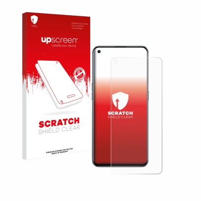 Face avant d’un emballage produit avec le logo de la marque upscreen. À côté, l’appareil realme GT 5G est représenté avec la p