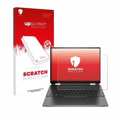 Face avant d’un emballage produit avec le logo de la marque upscreen. À côté, l’appareil HP Spectre x360 (14-eX) 2021 est repr