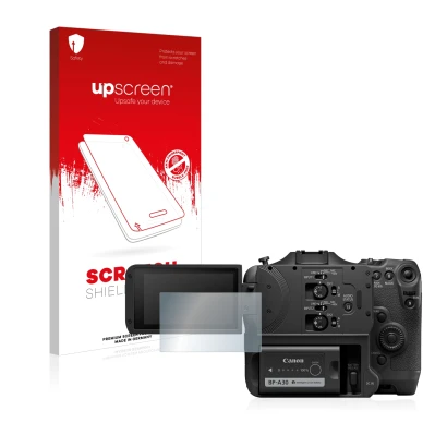 Face avant d’un emballage produit avec le logo de la marque upscreen. À côté, l’appareil Canon EOS C70 est représenté avec la 