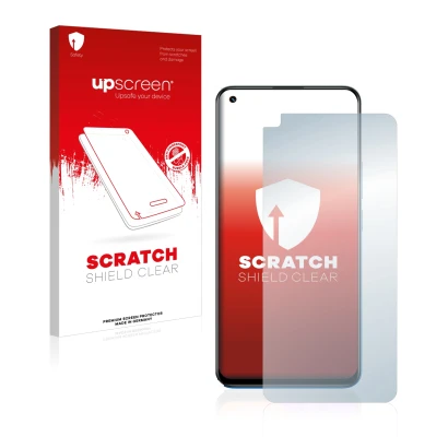 Face avant d’un emballage produit avec le logo de la marque upscreen. À côté, l’appareil realme 8 est représenté avec la prote