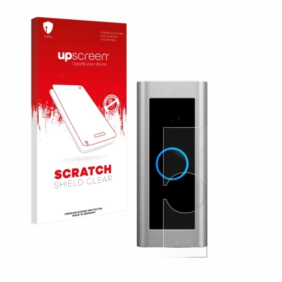 Face avant d’un emballage produit avec le logo de la marque upscreen. À côté, l’appareil Ring Video Doorbell Pro 2 est représe