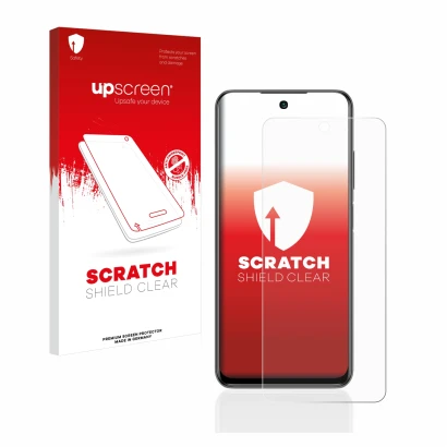 Face avant d’un emballage produit avec le logo de la marque upscreen. À côté, l’appareil Xiaomi Redmi Note 10 5G est représent