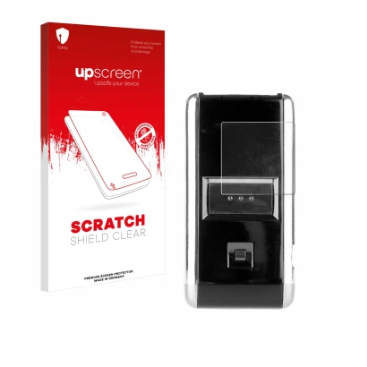 Face avant d’un emballage produit avec le logo de la marque upscreen. À côté, l’appareil Opticon OPN-2001 est représenté avec