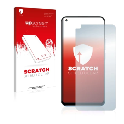 Face avant d’un emballage produit avec le logo de la marque upscreen. À côté, l’appareil realme 8 Pro est représenté avec la p